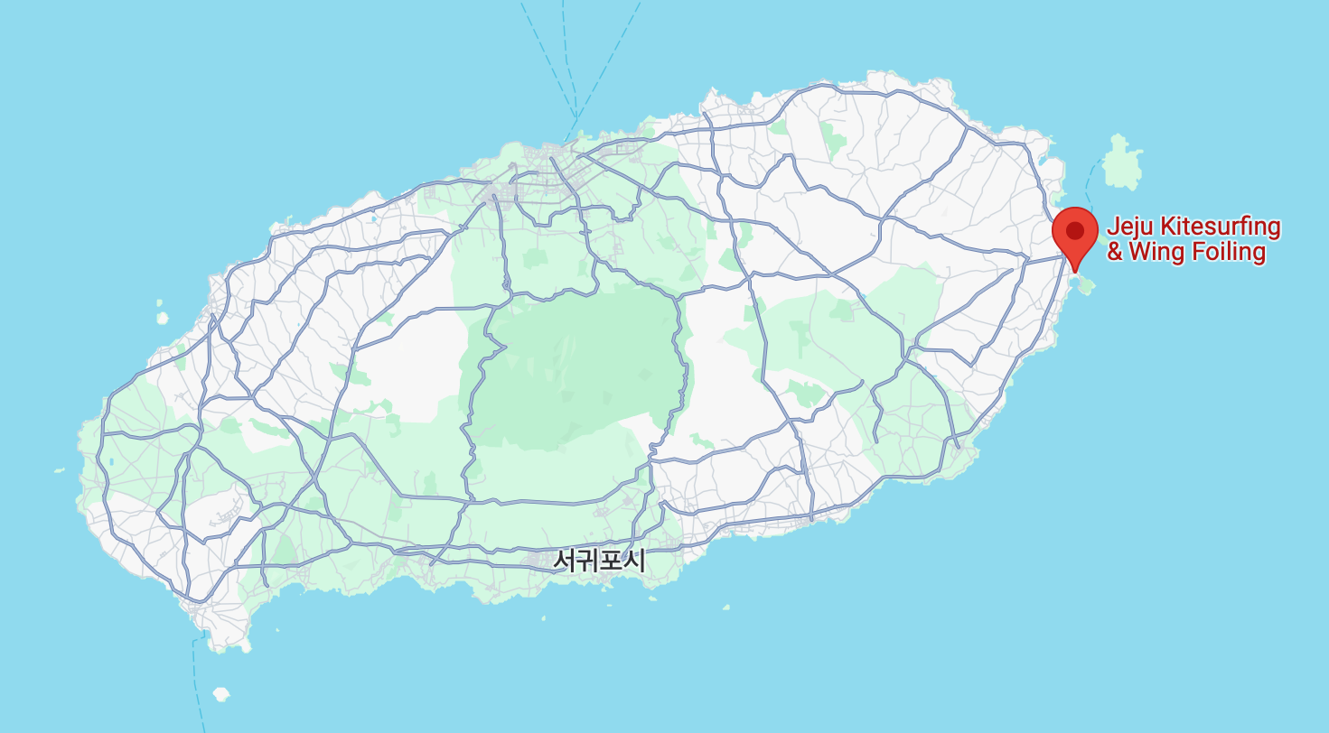 map of Jeju island with the location of our Kitesurf and wing foil club, Jeju Kite Lab office. Kitesurfing Jeju Island South Korea, Wing Foiling Jeju island South Korea