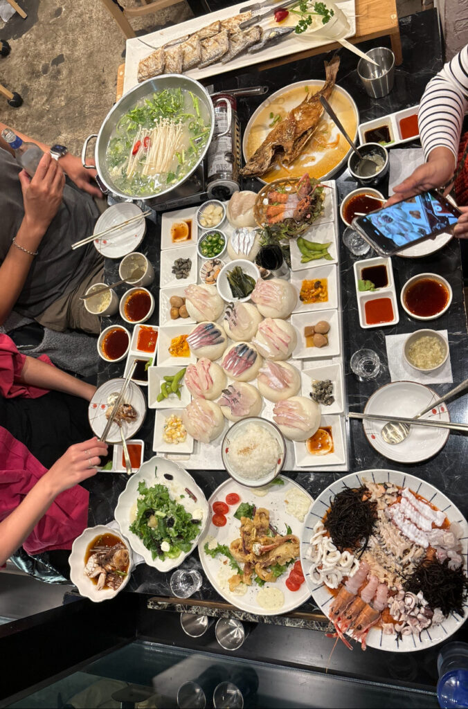 After kitesurf celebratory meal. Special Jeju island dinner. Seafood dinner on Jeju Island