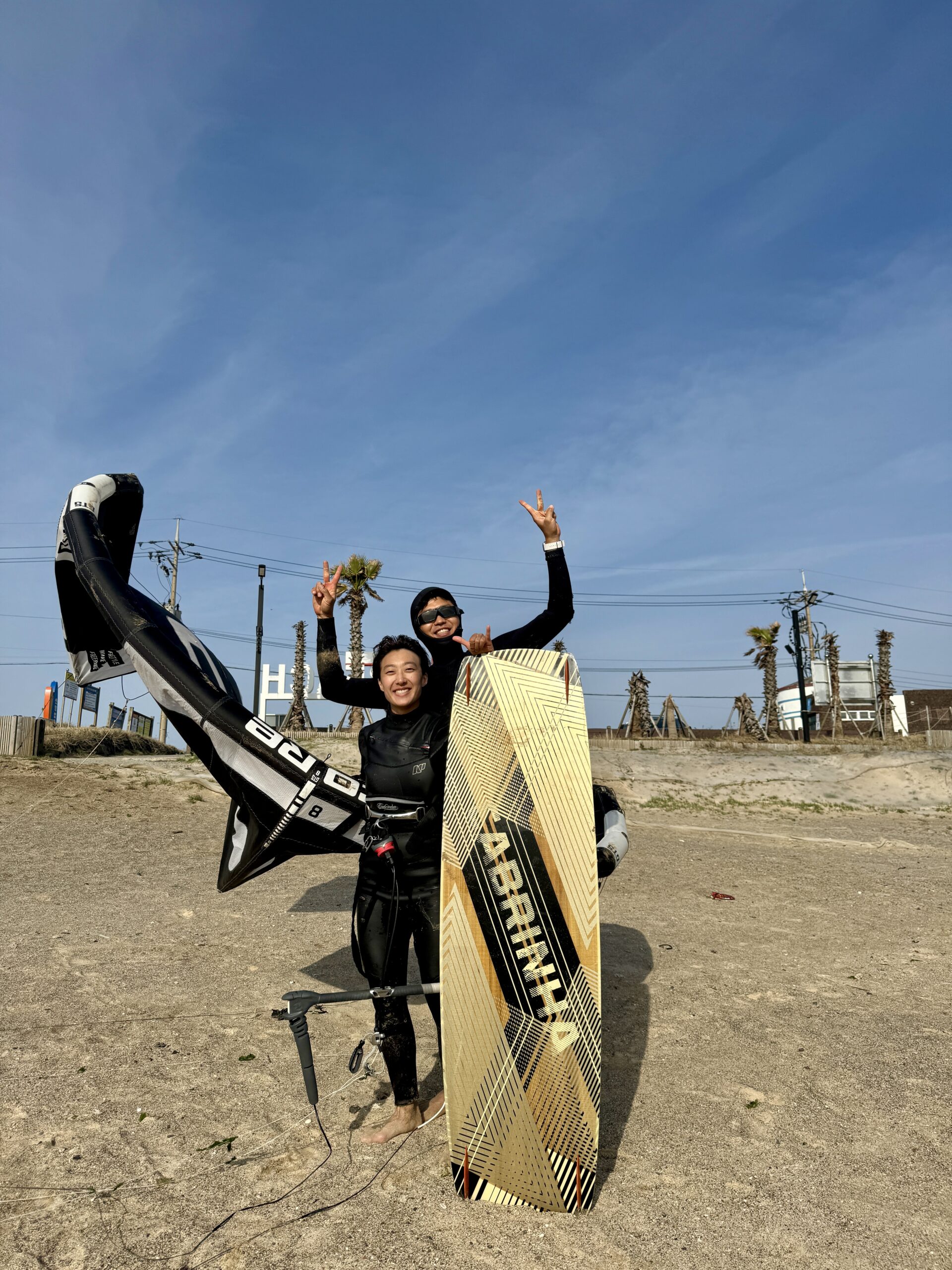 kitesurf student happy after her kiteboarding lesson with Jeju Kite Lab